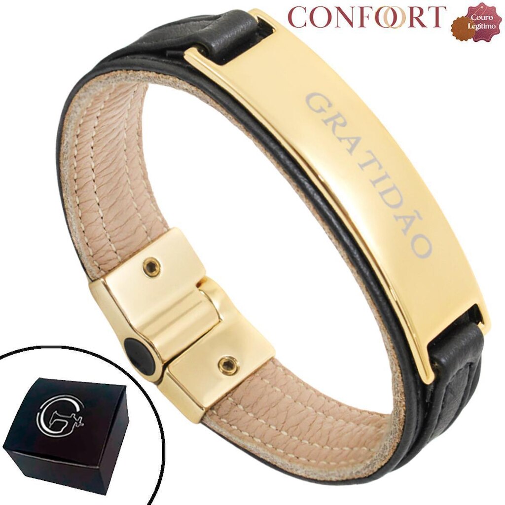 Pulseira de Couro Masculina Feminina Gratidão Magnética Dourada