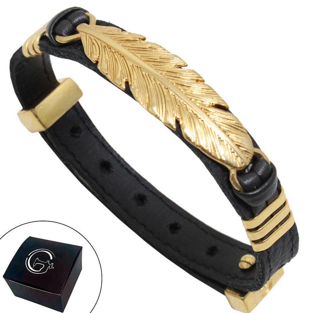 Pulseira de Couro PENA Proteção Indígena Fecho Strap Plug Ajustável Banhado a Ouro - NE