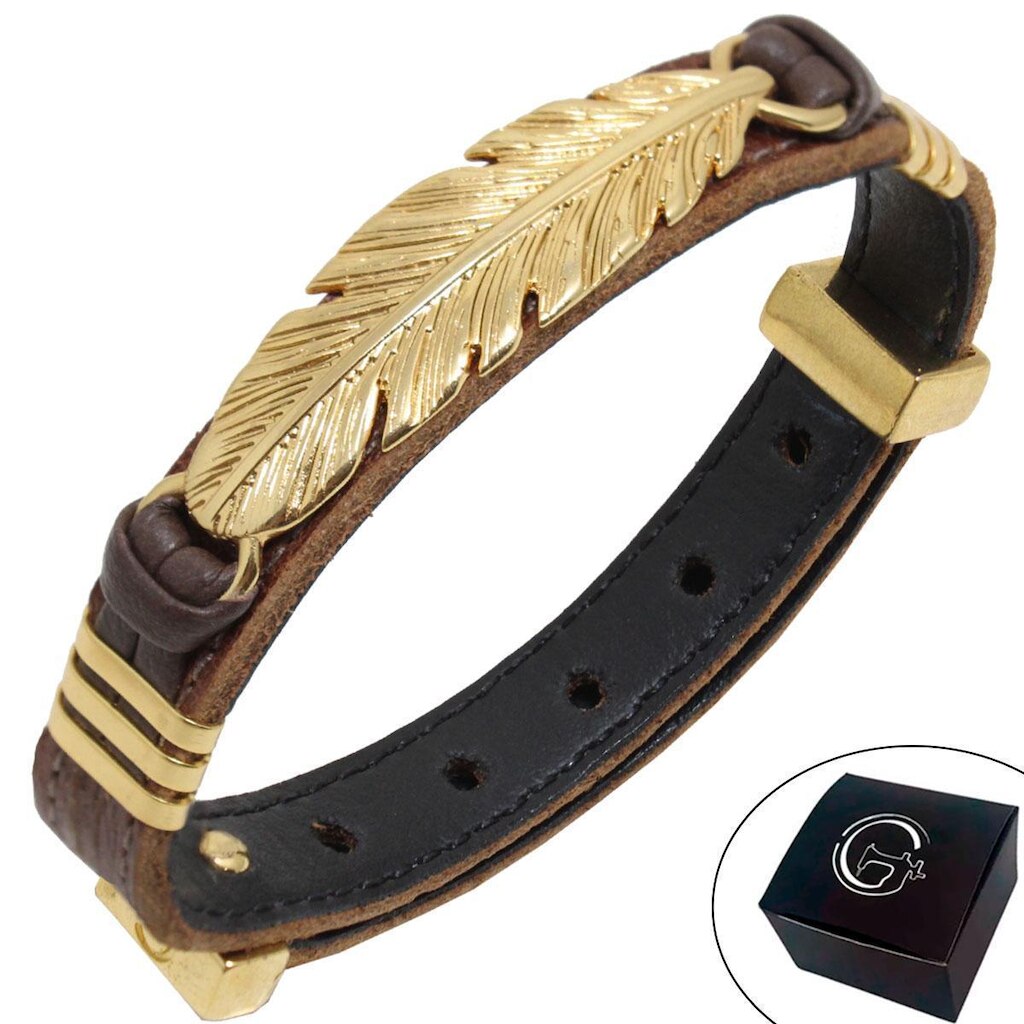 Pulseira de Couro PENA Proteção Indígena Fecho Strap Plug Ajustável Banhado a Ouro - NE