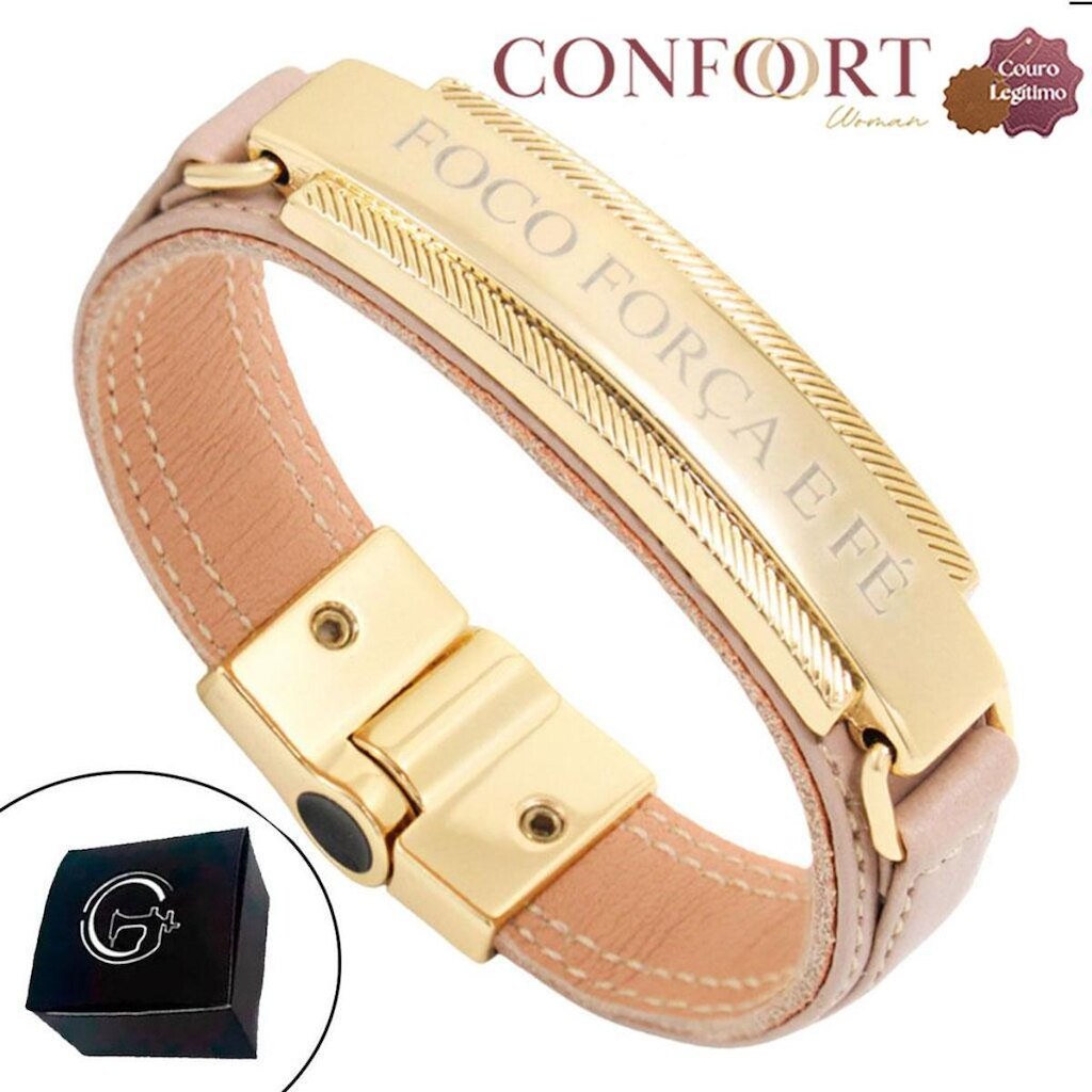 Pulseira de Couro Preto Bege Magnética Premium Foco Força Dourado