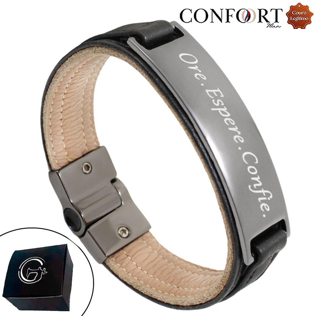 Pulseira de Couro Preto e Bege Espere Confie Bracelete Dourado Grafite