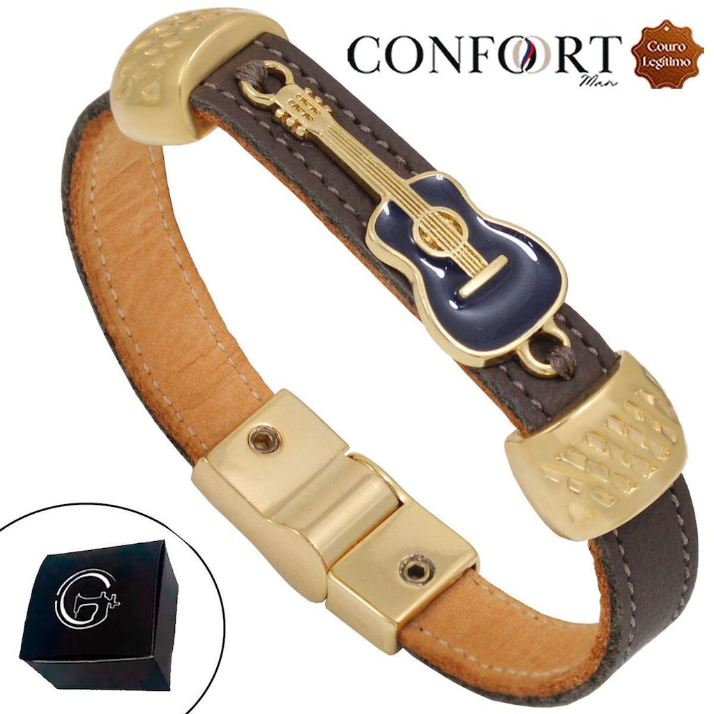 Pulseira de Couro Preto Marrom Magnética Música Violão Guitarra Dourado
