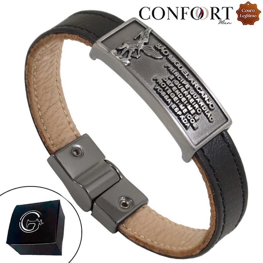 Pulseira de Couro Preto Masculina Magnética Slim Miguel Grafite Frase