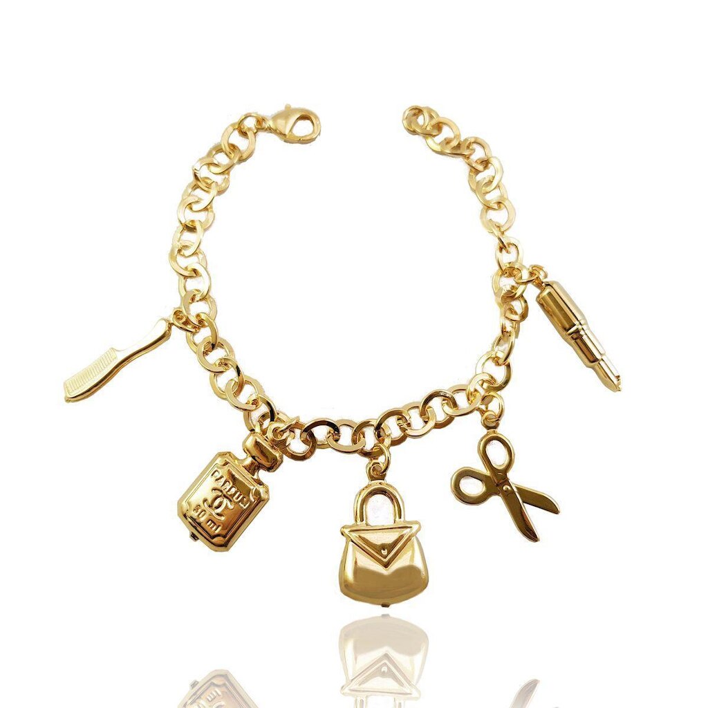Pulseira Feminina Grossa Cinco Pingentes Banhada a Ouro 18k