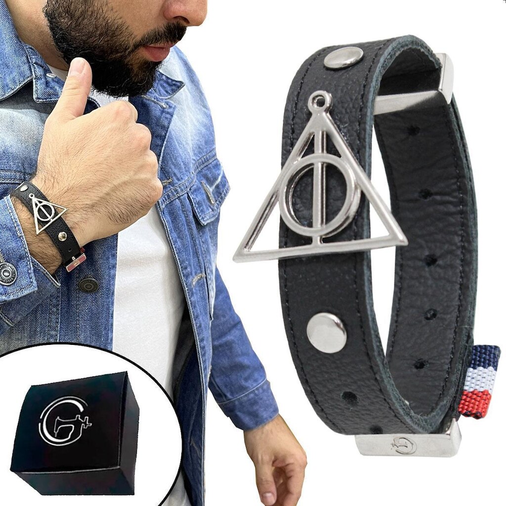 Pulseira Harry Potter Bracelete Símbolo Harry Reliquias Couro Legítimo - NE
