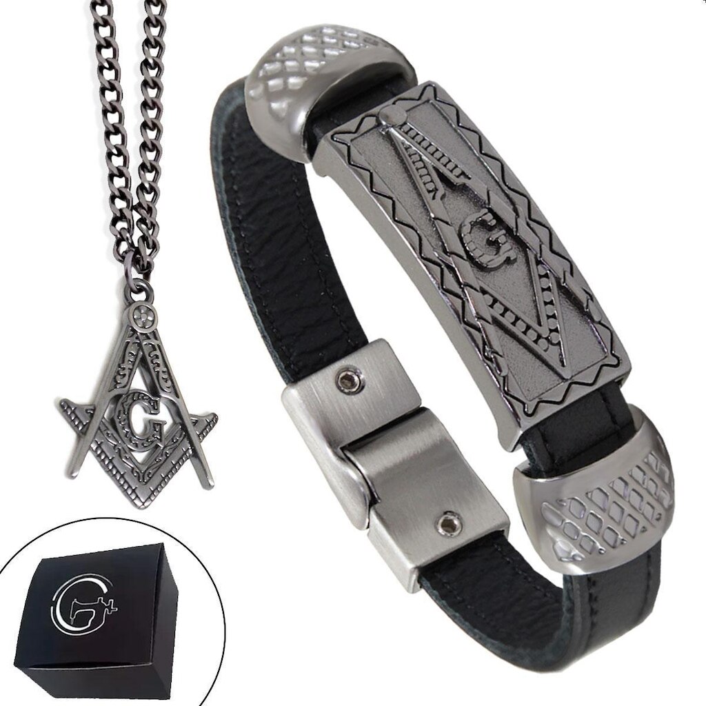 Pulseira Maçonaria + Colar Maçom Kit 2 Peças Couro Legítimo - NE