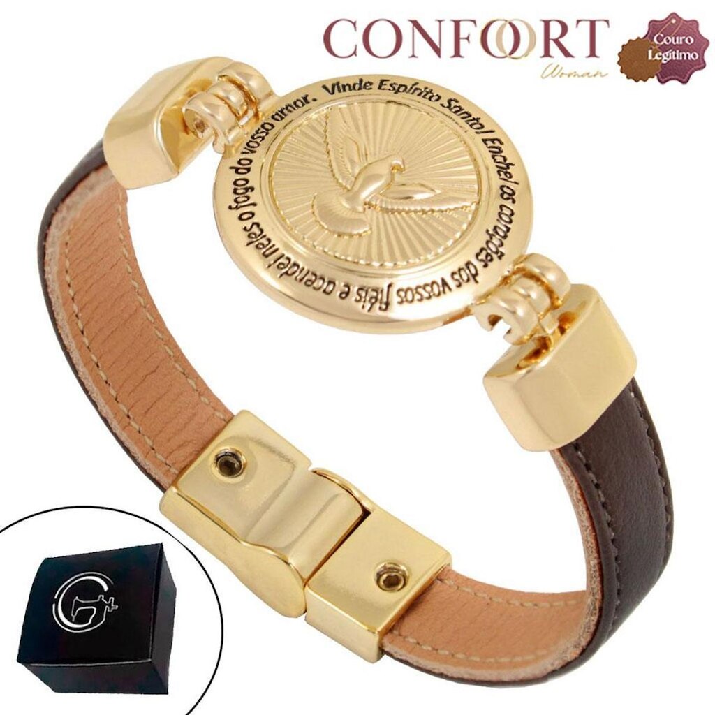 Pulseira Magnética de Couro Bege Preto Medalha Vosso Amor Dourado