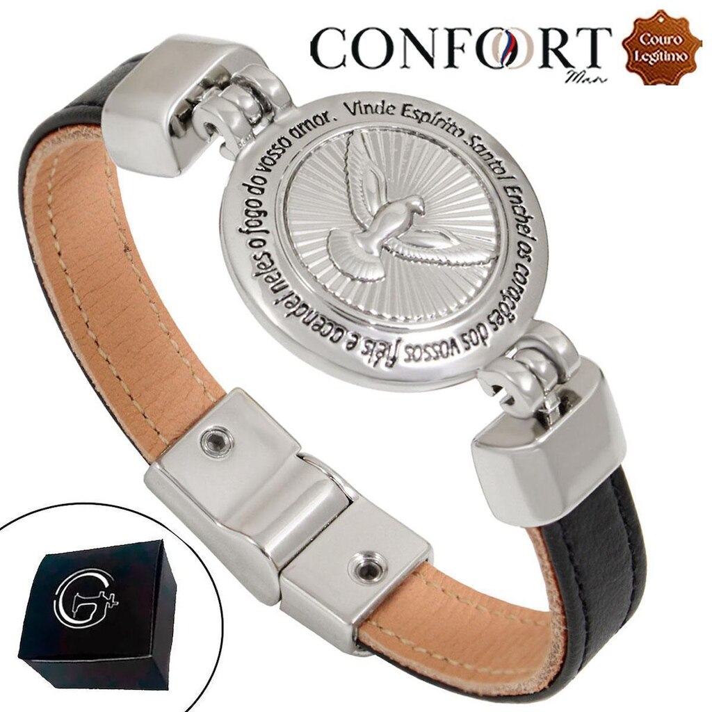 Pulseira Magnética de Couro Bege Preto Medalha Vosso Amor Prateado