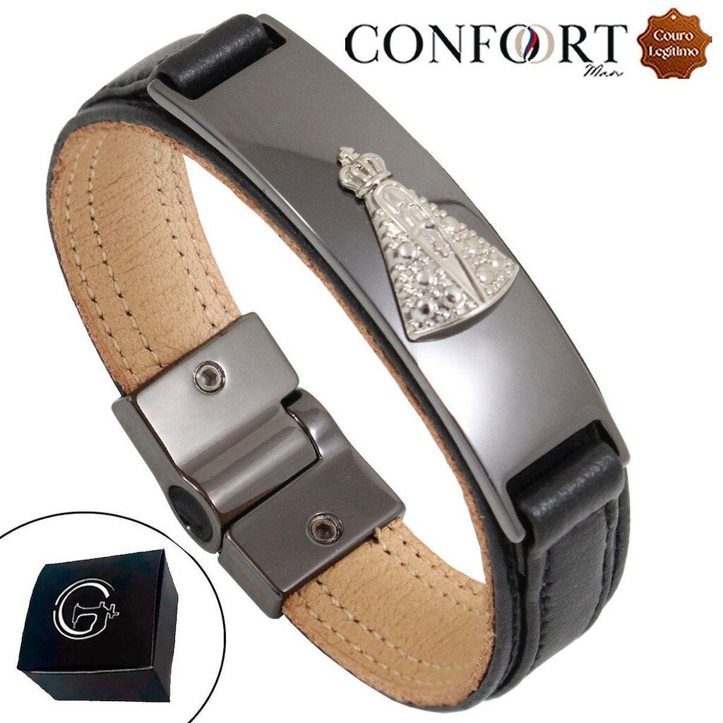 Pulseira Masculina Magnética Couro Preto Senhora Mãe Grafite Placa