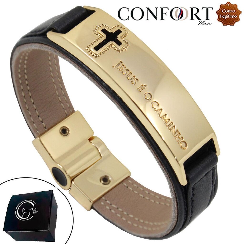 Pulseira Masculina Magnética de Couro Preto Caminho Dourado Grafite