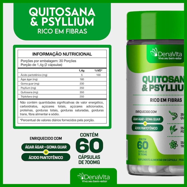 Quitosana e Psyllium, Triptofano, Ácido Pantotênico, Denavita
