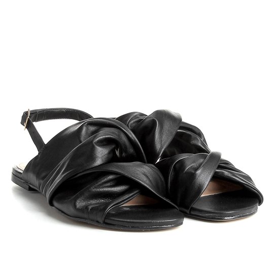 Rasteira Couro Shoestock com Drapeado Feminina - Preto