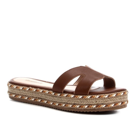 Rasteira Couro Shoestock Corda Colorida - Marrom Claro