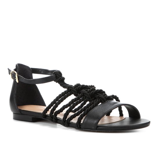 Rasteira Couro Shoestock Flat Cordão - Preto