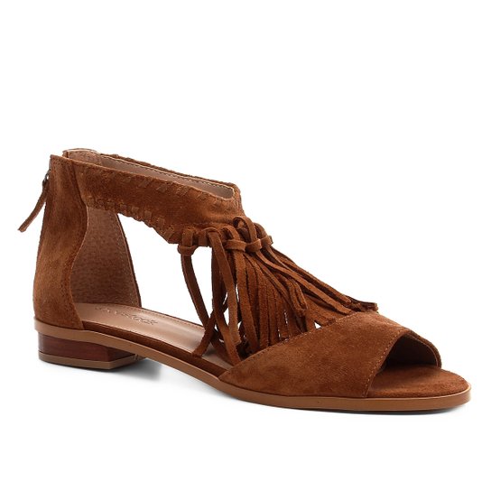 Rasteira Couro Shoestock Franjas - Caramelo