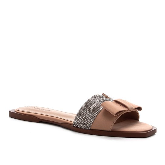 Rasteira Couro Shoestock Laço Strass - Nude