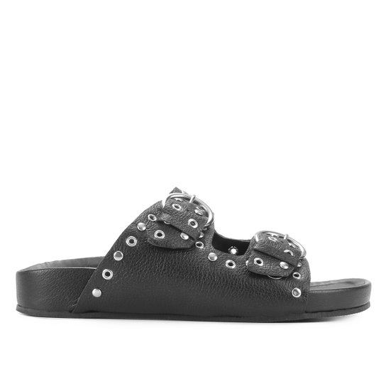 Rasteira Couro Shoestock Metais E Ilhós - Preto