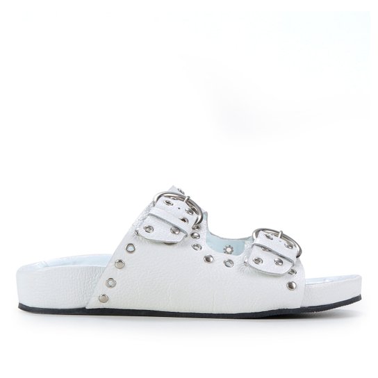 Rasteira Couro Shoestock Metais E Ilhós - Branco