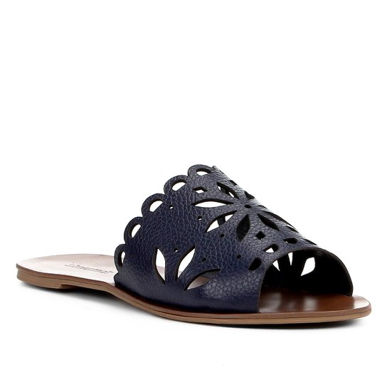 Rasteira Couro Shoestock Slide Flor - Marinho