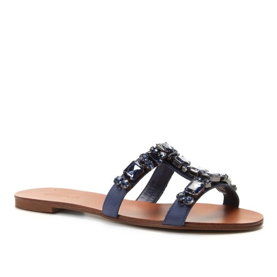 Rasteira Couro Shoestock Slide Pedraria - Azul