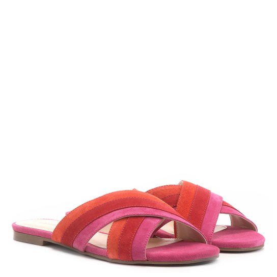 Rasteira Couro Shoestock Slide Tiras Coloridas - Vermelho