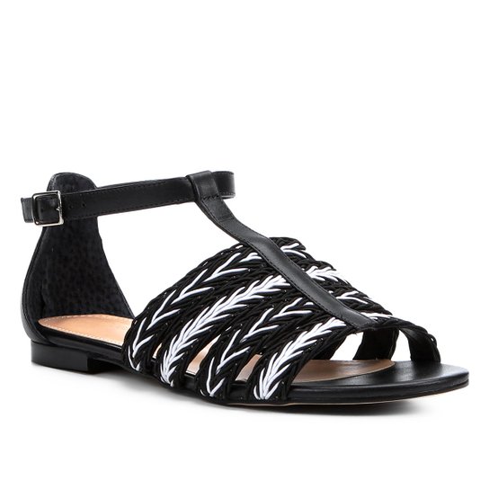 Rasteira Couro Shoestock Tranças - Preto+Branco
