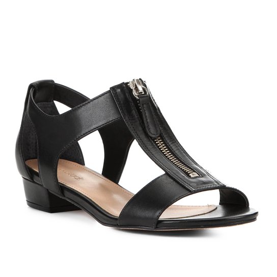 Rasteira Couro Shoestock Zíper Metal Feminina - Preto