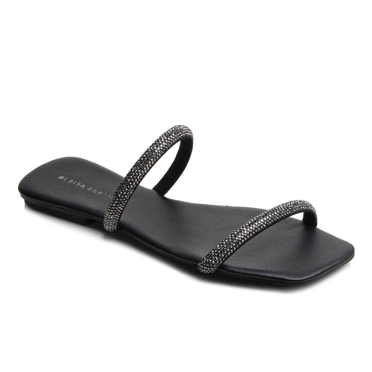 Rasteira Feminina Sandália Brilho Tiras Strass Rasteirinha - Preto Menor preço em Rasteira Feminina Sandália Brilho Tiras Strass Rasteirinha - Preto