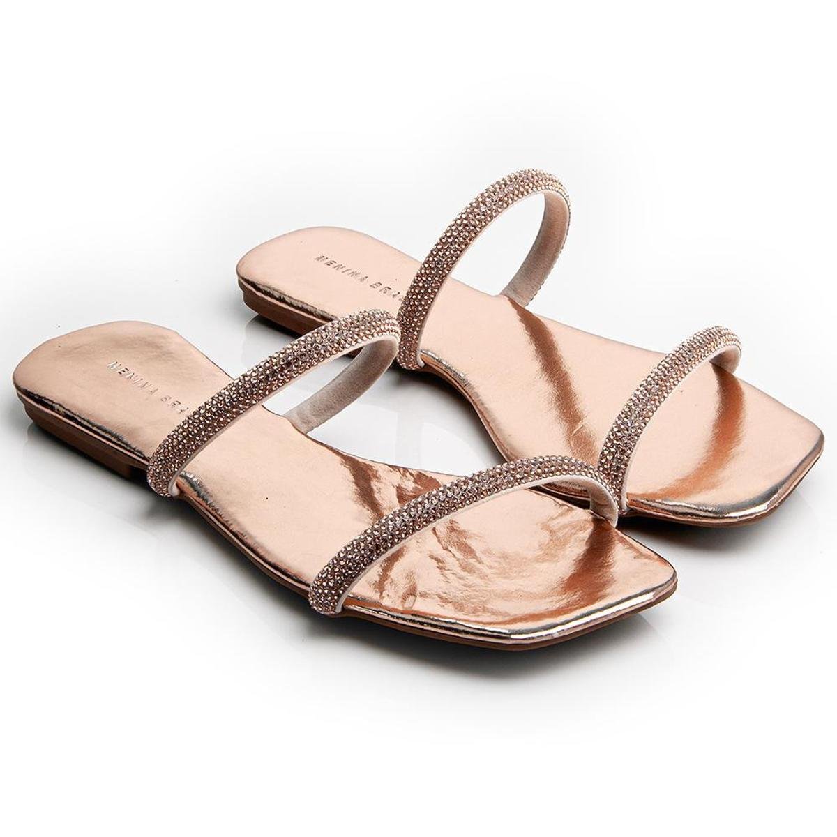 Rasteira Feminina Sandália Brilho Tiras Strass Rasteirinha - Dourado ...