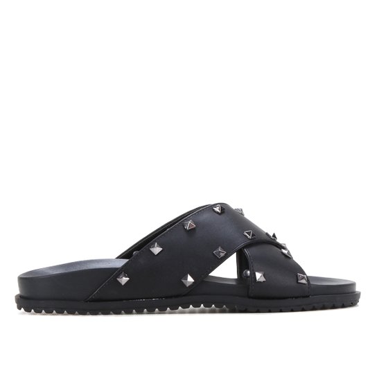 Rasteira Griffe Tiras Cruzadas Spikes Feminina - Preto