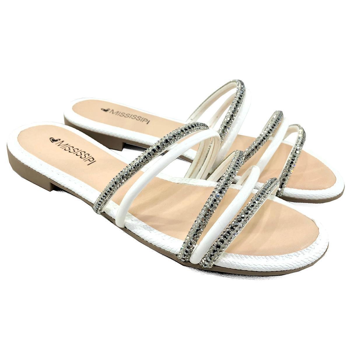 Rasteira Mississipi Tiras Strass Feminina - Branco - 39 - Branco | Zattini