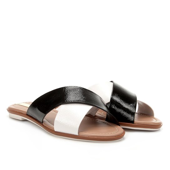 Rasteira Moleca Tira Cruzada Bicolor Feminina - Preto+Branco