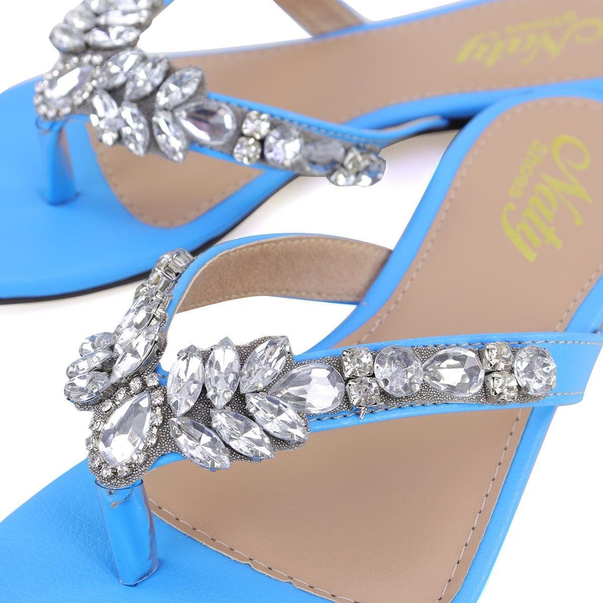 Rasteira Sandália Pedraria Feminina Chinelo Rasteirinha - Azul Menor preço em Rasteira Sandália Pedraria Feminina Chinelo Rasteirinha - Azul