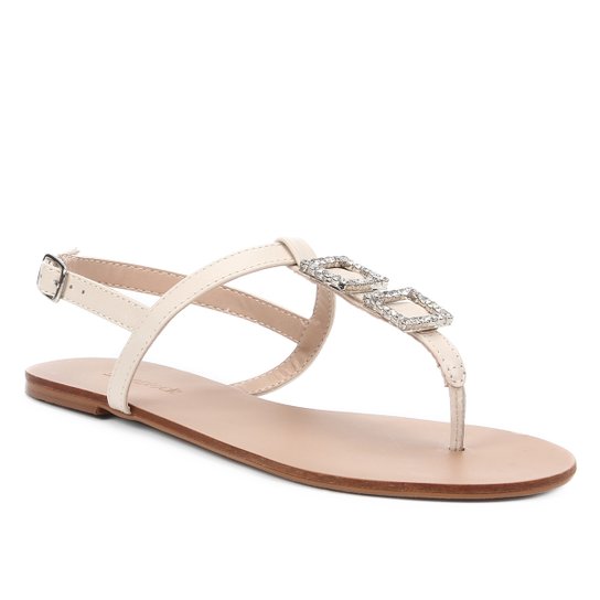Rasteira Shoestock Couro Strass Cristal - Off White