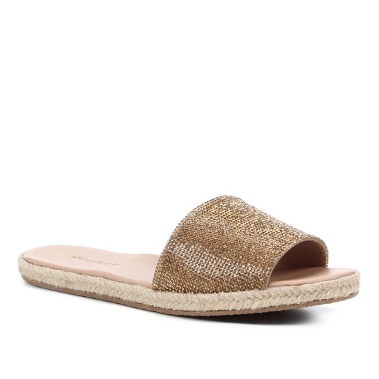Rasteira Shoestock Slide Strass Corda - Ouro