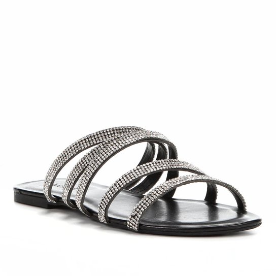 Rasteira Shoestock Slide Tiras Strass - Preto