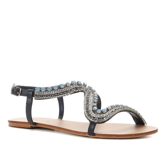 Rasteira Shoestock Tiras Pedras Strass - Marinho