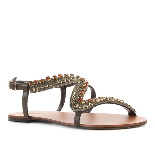 Rasteira Shoestock Tiras Pedras Strass - Marrom