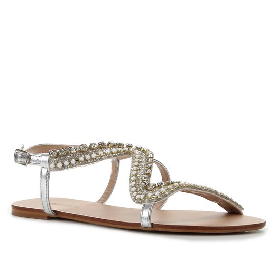 Rasteira Shoestock Tiras Pedras Strass - Prata