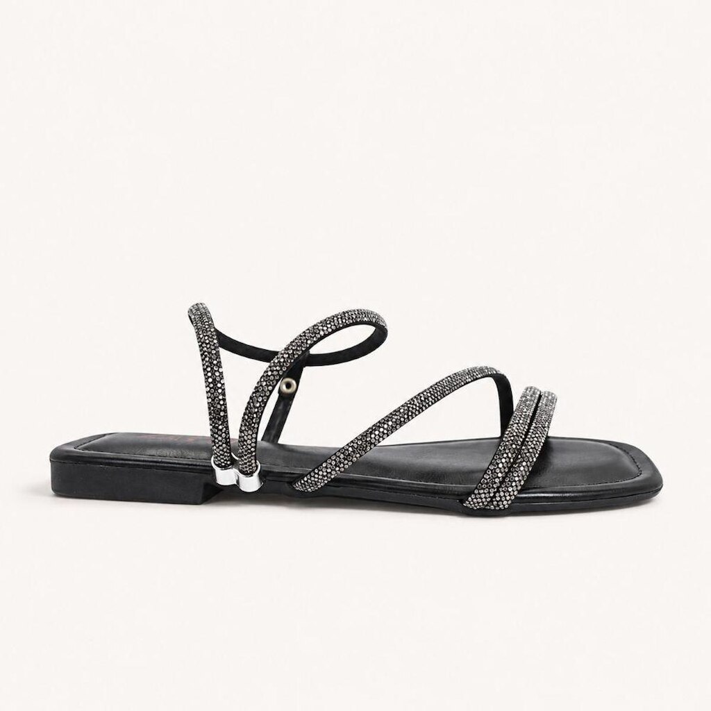 Rasteira Zatta com Tiras de Strass Ariel Preta Preto 36