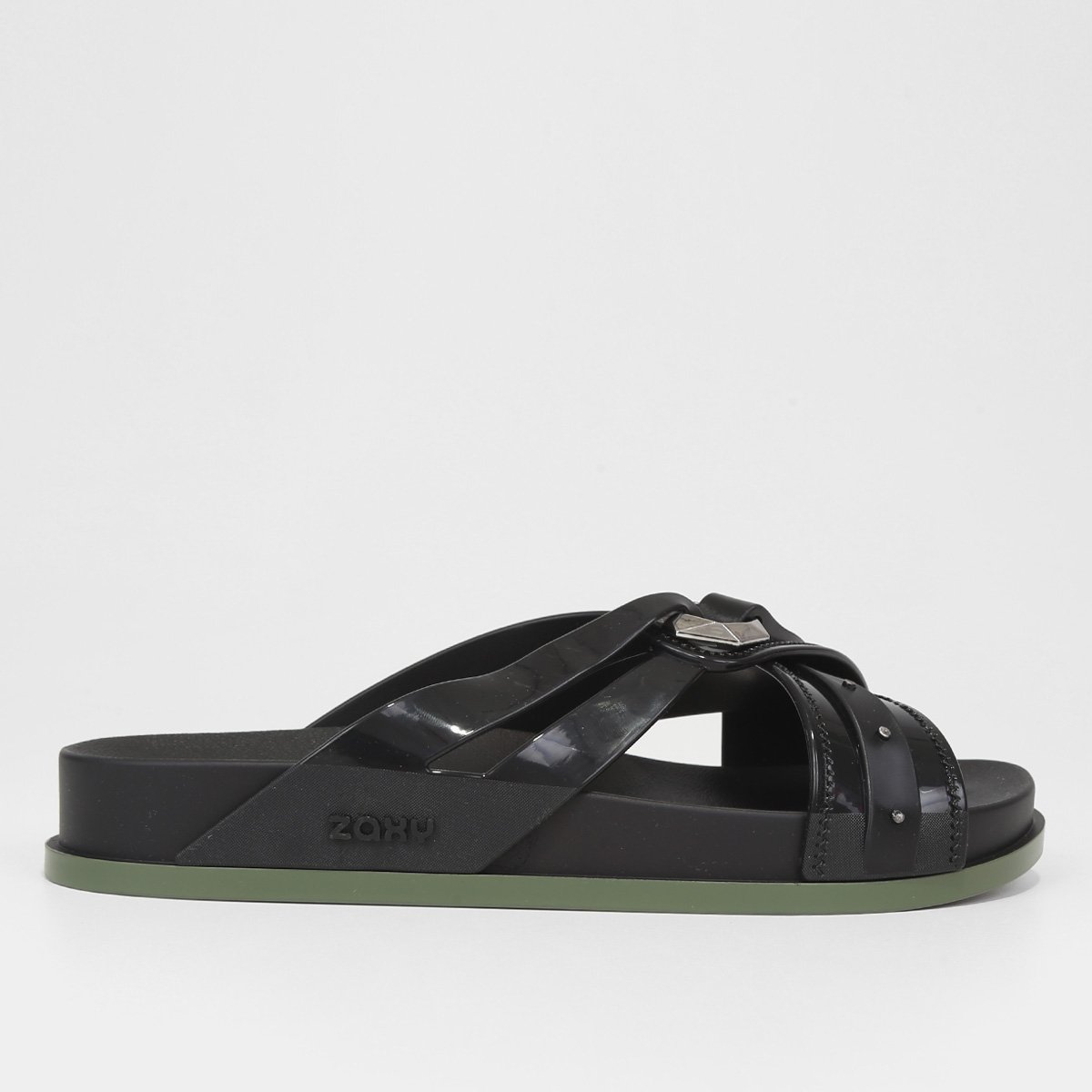 Rasteira Zaxy Tiras Cruzadas Metais - Preto Menor preço em Rasteira Zaxy Tiras Cruzadas Metais - Preto