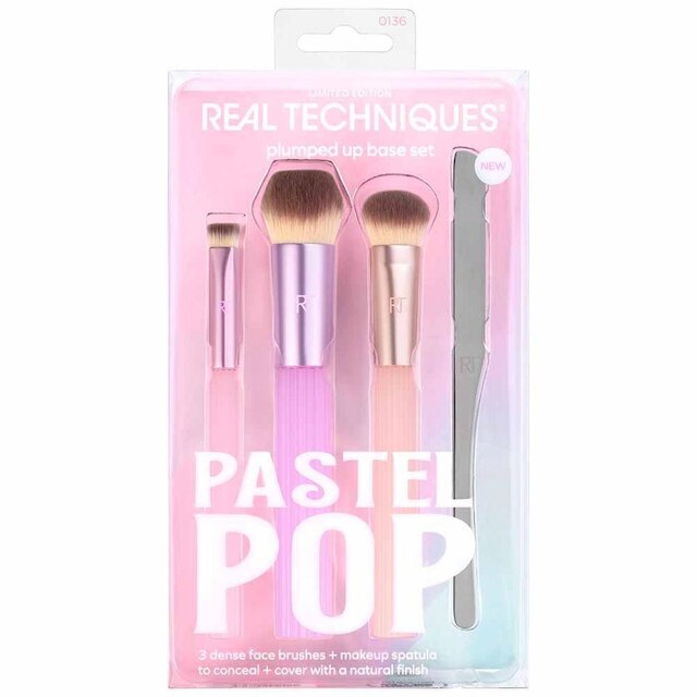 Real Techniques Pastel Pop Plumped Up Kit - 3 Pincéis para o Rosto + 1 Espátula de Maquiagem Kit