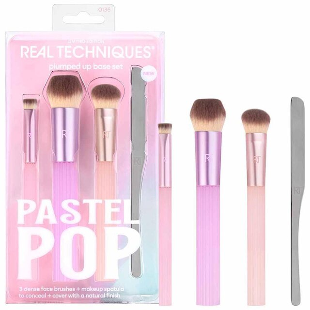Real Techniques Pastel Pop Plumped Up Kit - 3 Pincéis para o Rosto + 1 Espátula de Maquiagem Kit
