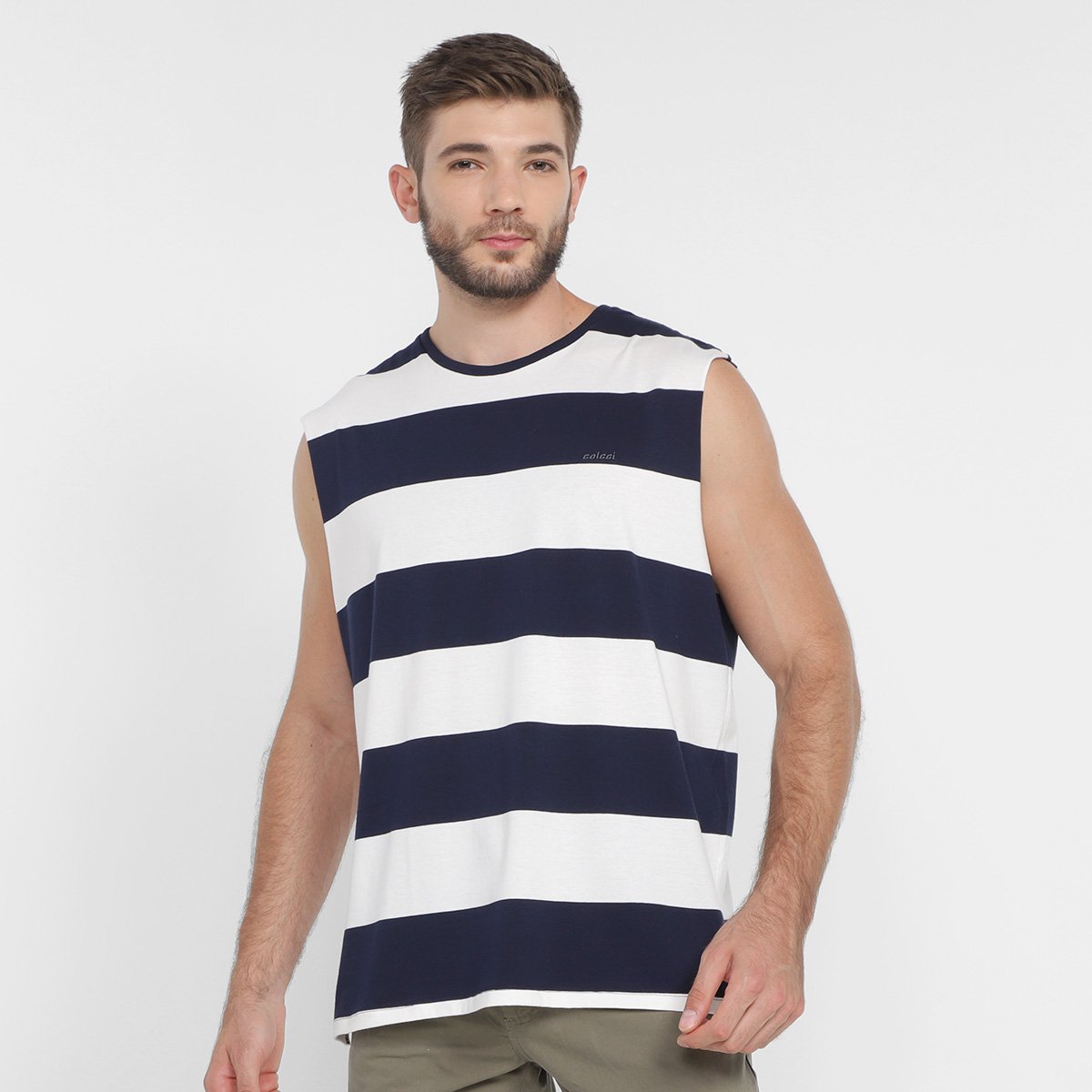 Regata Colcci Listrada Muscle Masculina - Off White+Azul Menor preço em Regata Colcci Listrada Muscle Masculina - Off White+Azul