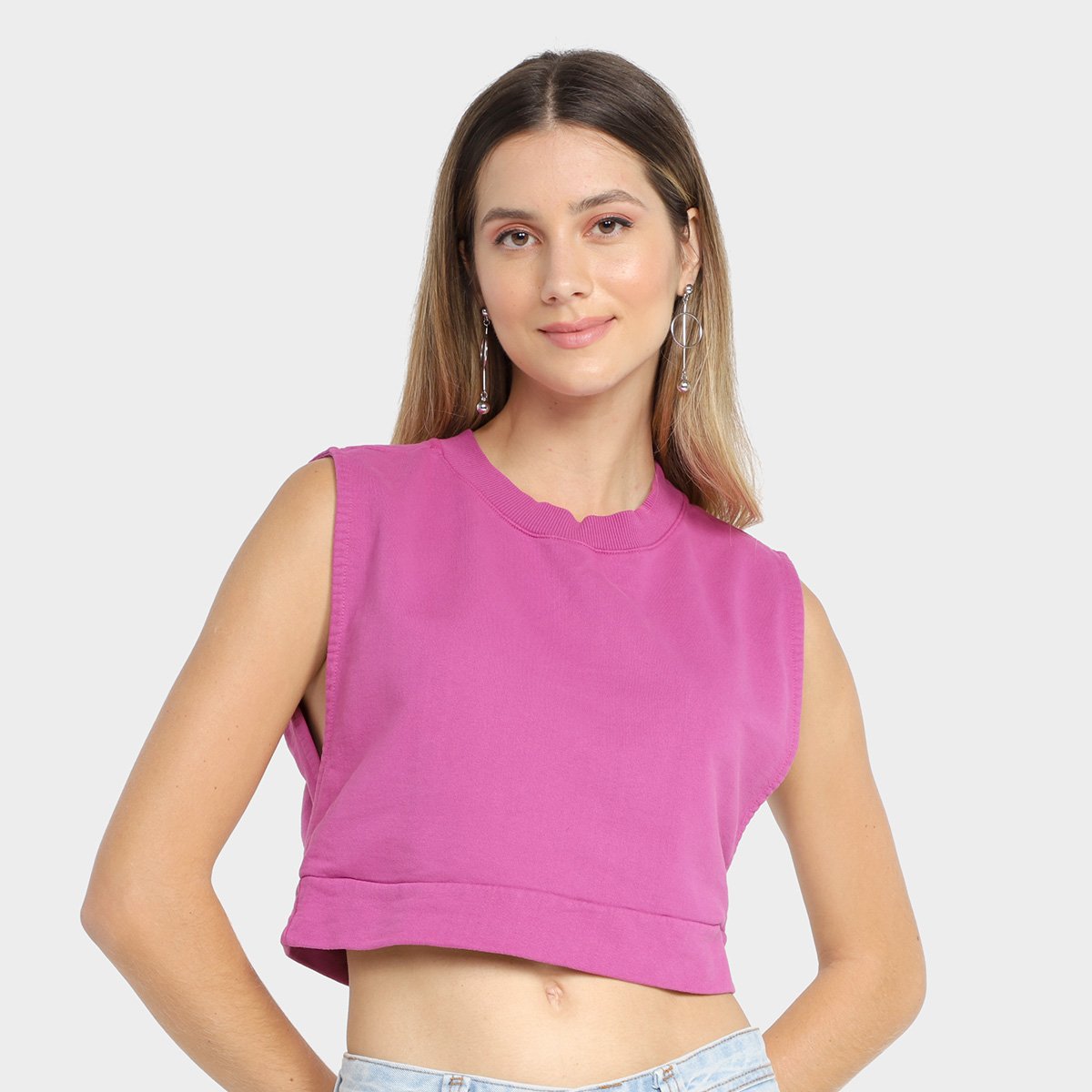 Regata Cropped Animale Jeans Lisa Feminina - Rosa Menor preço em Regata Cropped Animale Jeans Lisa Feminina - Rosa