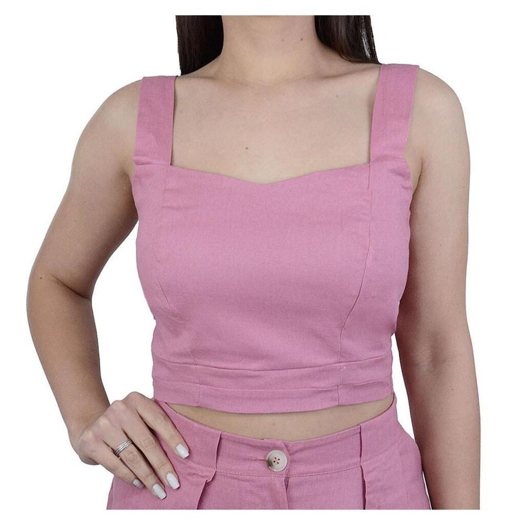 Regata Feminina Parado no Ar Cropped Linho Rosa - 72113