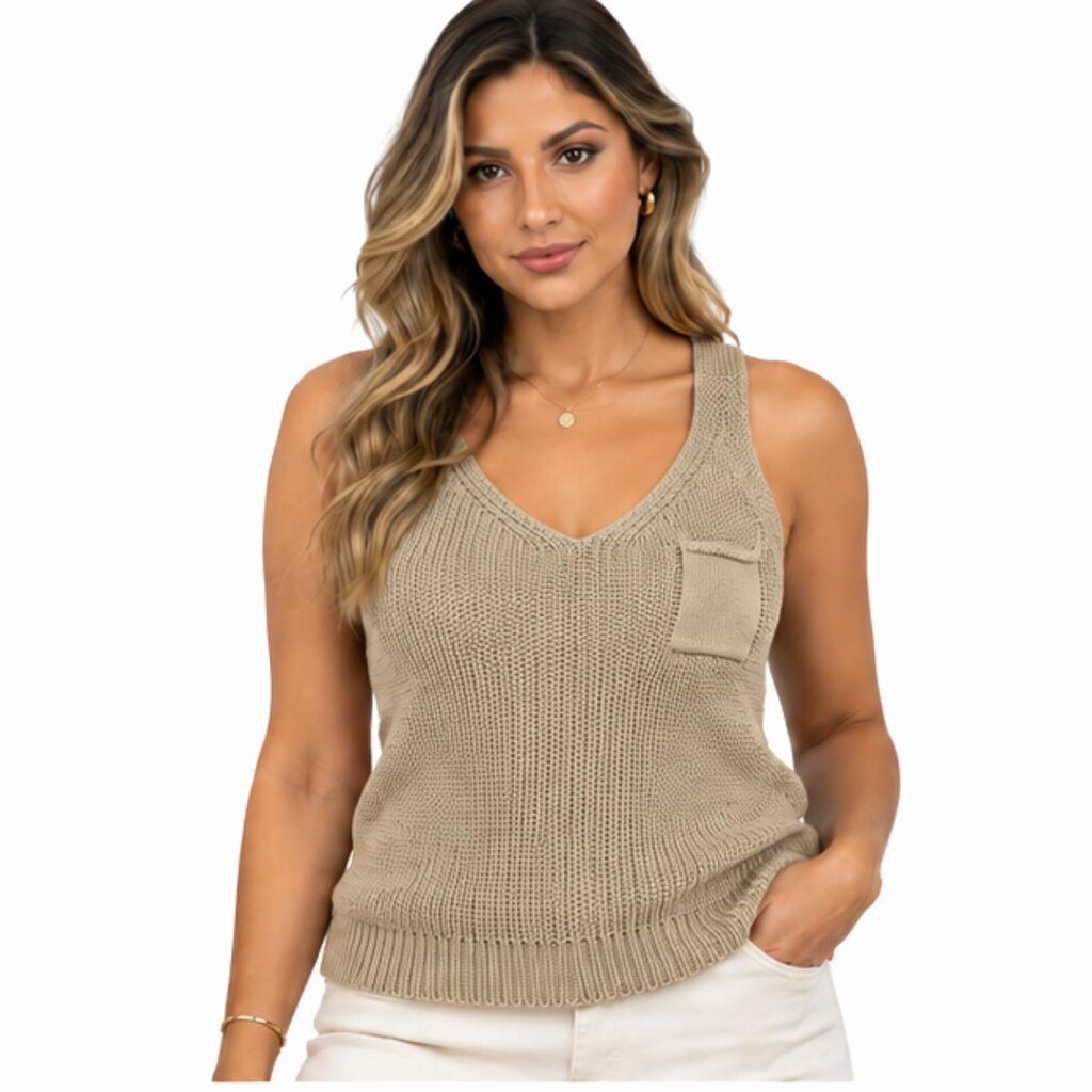Regata Feminina Tricô com Bolso Decote V Blusa de Alça Casual Verão
