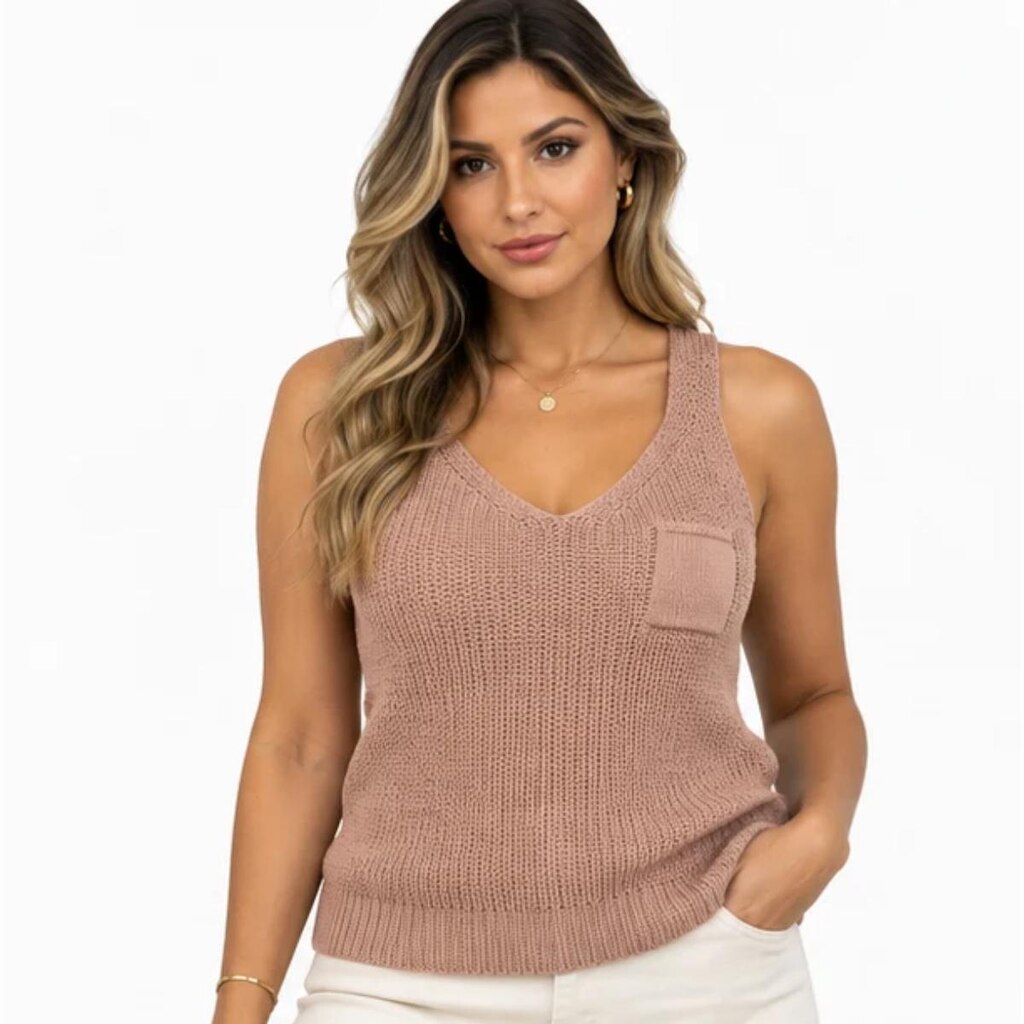 Regata Feminina Tricô com Bolso Decote V Blusa de Alça Casual Verão