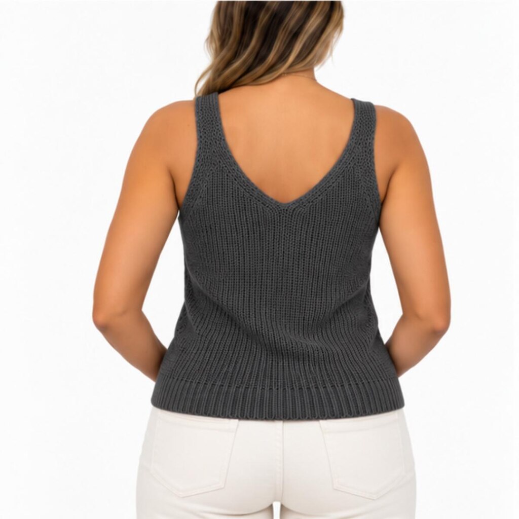 Regata Feminina Tricô com Bolso Decote V Blusa de Alça Casual Verão