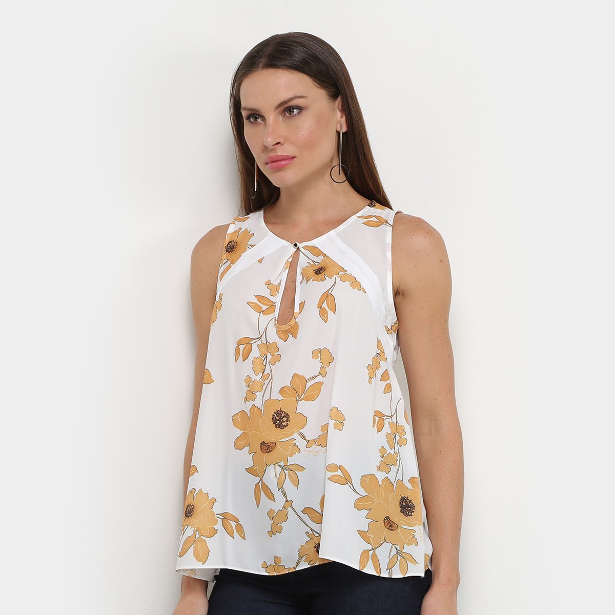 Regata Lança Perfume Bata Estampada Decote Gota Feminina - Branco+Amarelo Menor preço em Regata Lança Perfume Bata Estampada Decote Gota Feminina - Branco+Amarelo